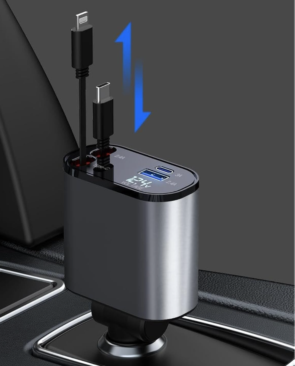 شاحن سريع للسيارة قابل للسحب بمنفذ USB C