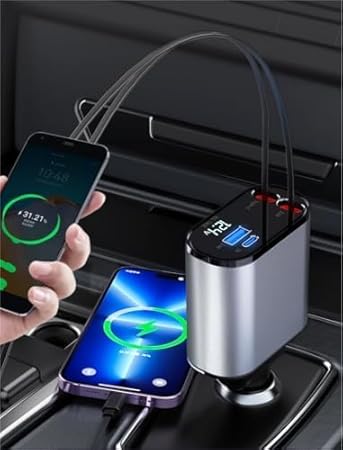 شاحن سريع للسيارة قابل للسحب بمنفذ USB C