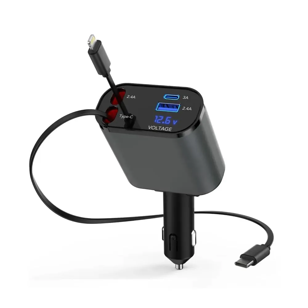 شاحن سريع للسيارة قابل للسحب بمنفذ USB C