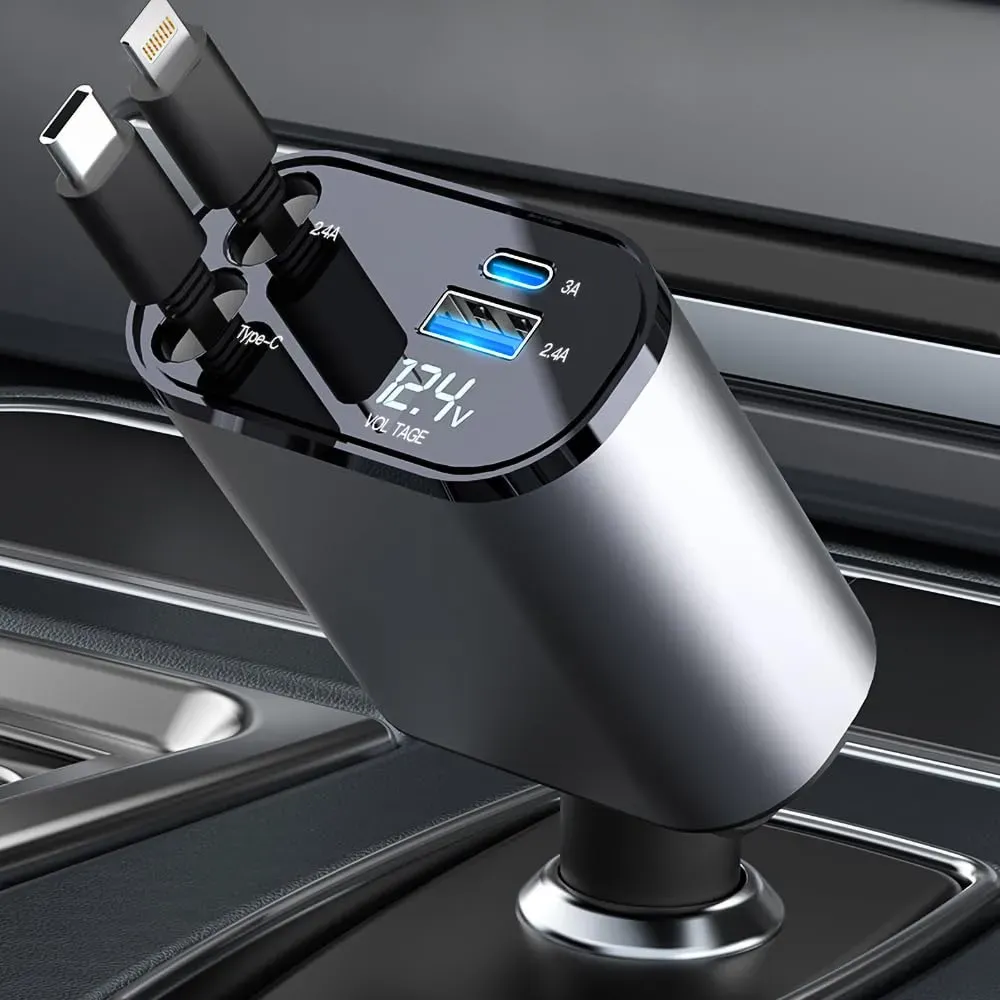 شاحن سريع للسيارة قابل للسحب بمنفذ USB C