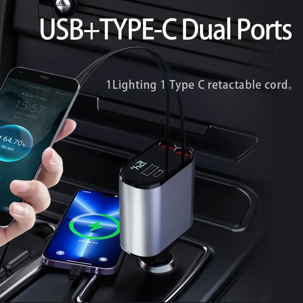 شاحن سريع للسيارة قابل للسحب بمنفذ USB C