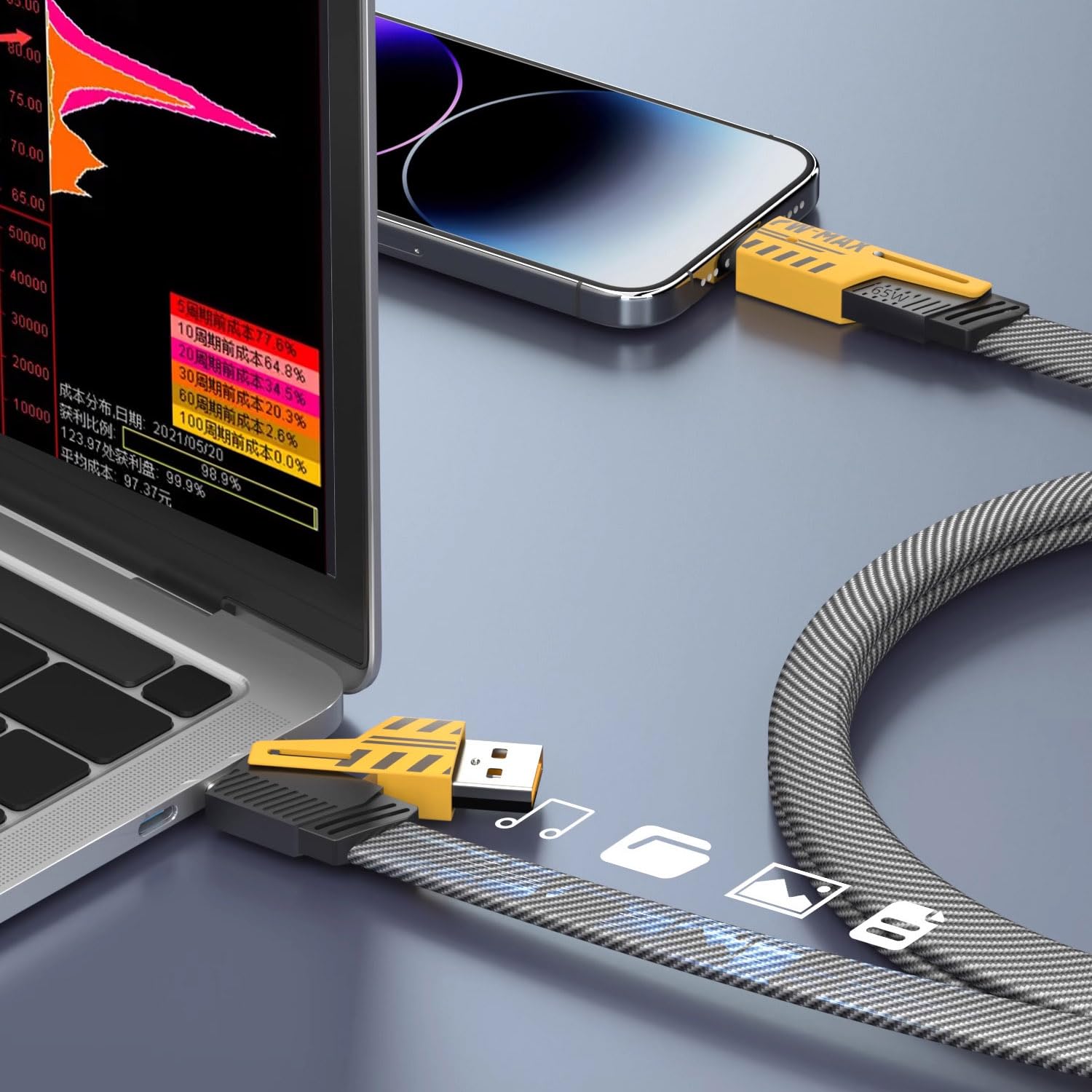 • كابل شاحن USB متعدد 15 سم، شحن سريع 65 واط 3 في 1 (Lightning, Type-C & Micro USB)