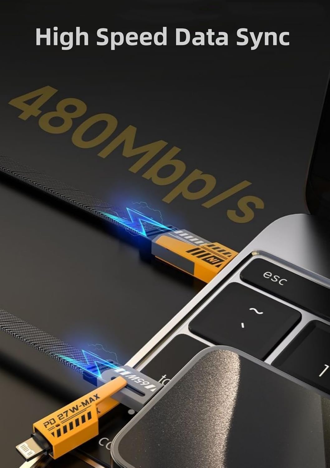 • كابل شاحن USB متعدد 15 سم، شحن سريع 65 واط 3 في 1 (Lightning, Type-C & Micro USB)