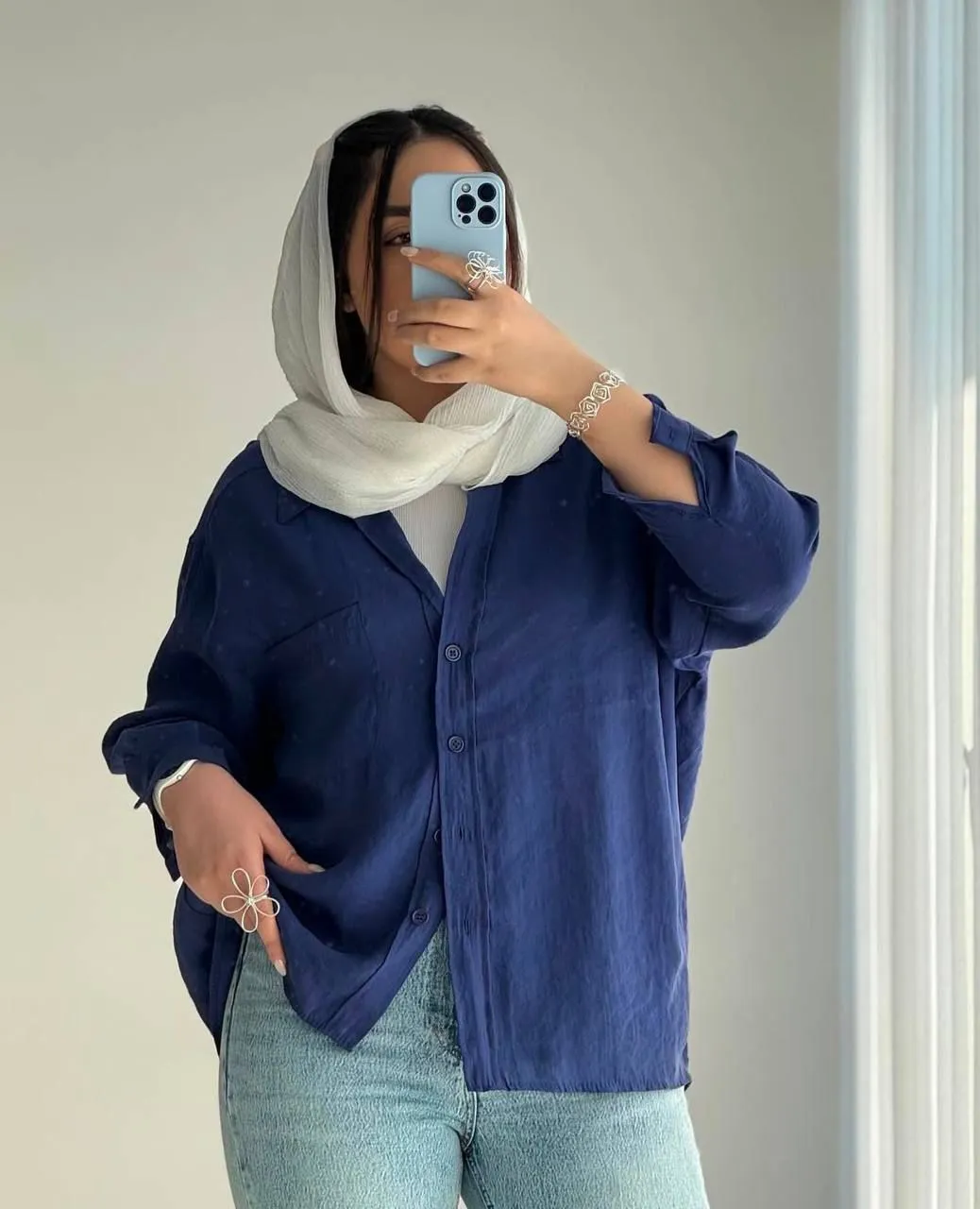 شميز ازرق بوبلين قطن free size