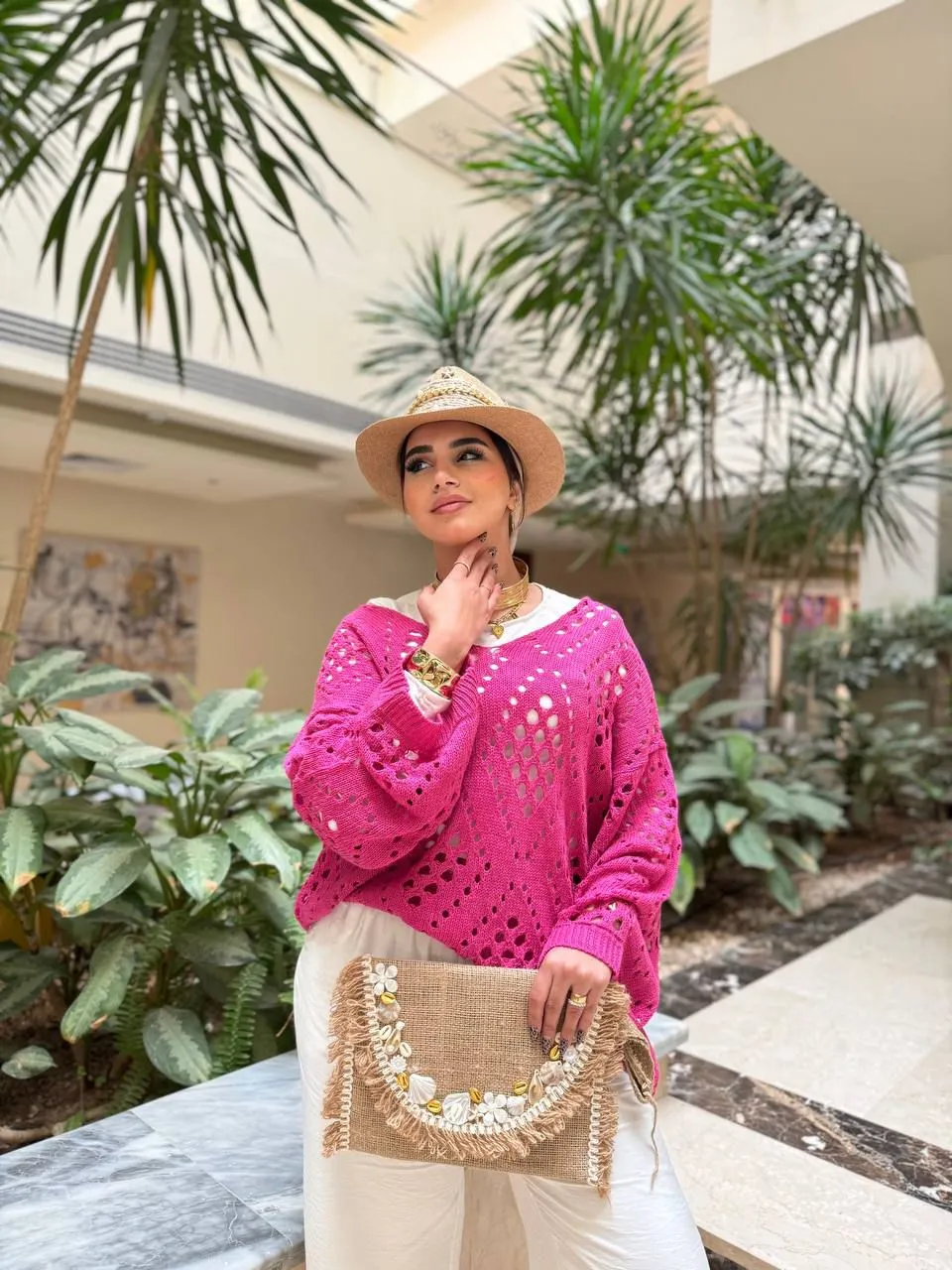 بلوزه خامه تريكو شبك فوشيا Free size