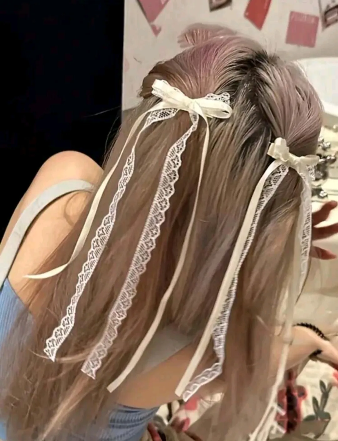 2pcs Lace Bow Beaded Ribbon Hair Clips, Ballet Girl School Style