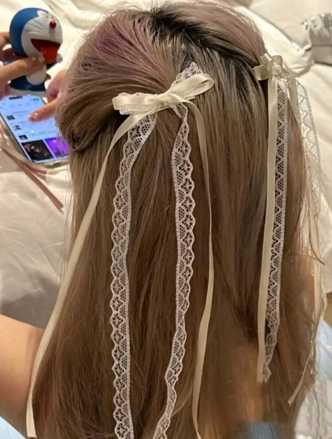 2pcs Lace Bow Beaded Ribbon Hair Clips, Ballet Girl School Style