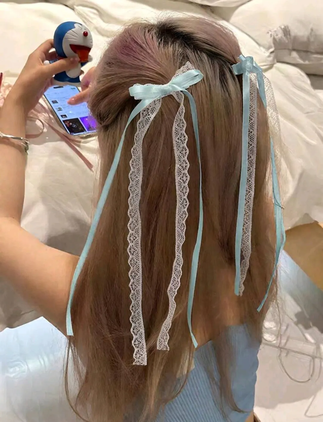 2pcs Lace Bow Beaded Ribbon Hair Clips, Ballet Girl School Style