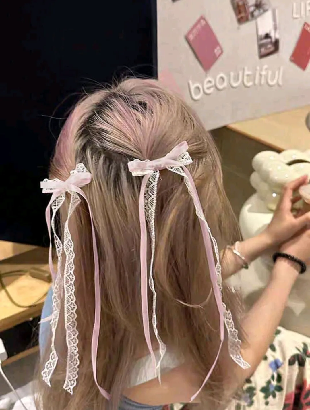 2pcs Lace Bow Beaded Ribbon Hair Clips, Ballet Girl School Style