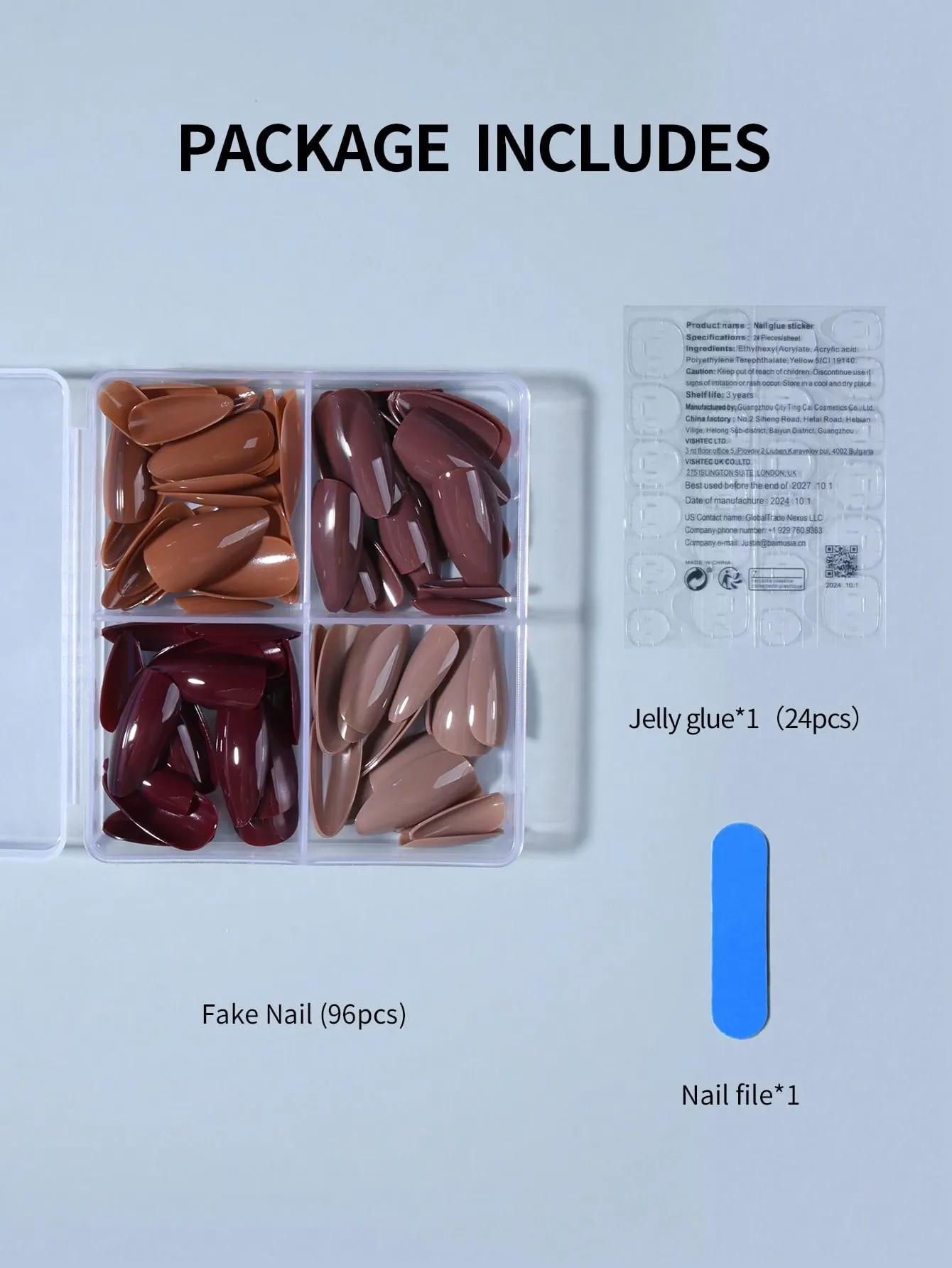 96Pcs(4 Color)Long Almond Glossy Acrylic Press On Nails Long Nails