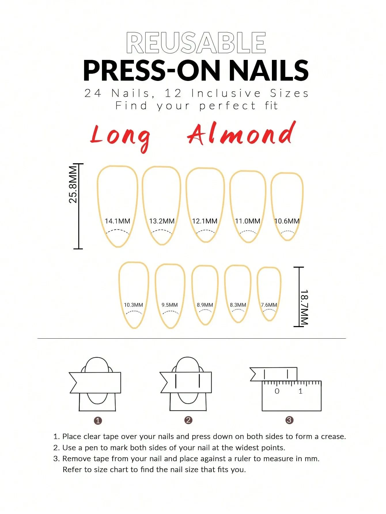 96Pcs(4 Color)Long Almond Glossy Acrylic Press On Nails Long Nails