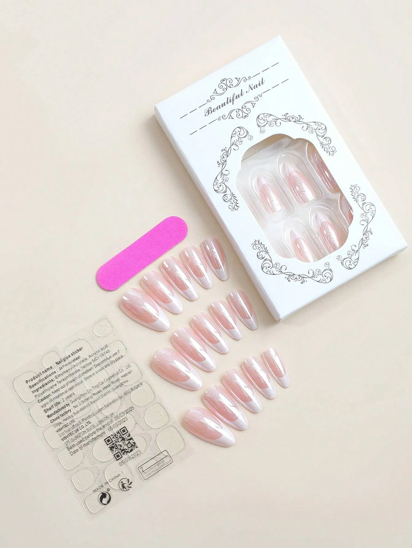 French Tip Press On Nails Almond Medium Fake Nails With Chrome Designs