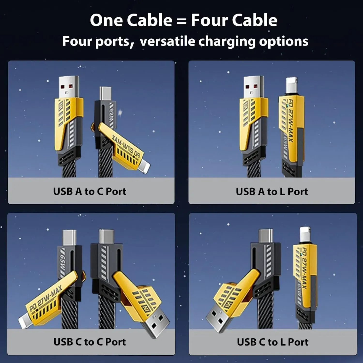 Multiple Charging Cable 4 in 1 Lightning , Type-C & Type-A USB 1.2M GA-03