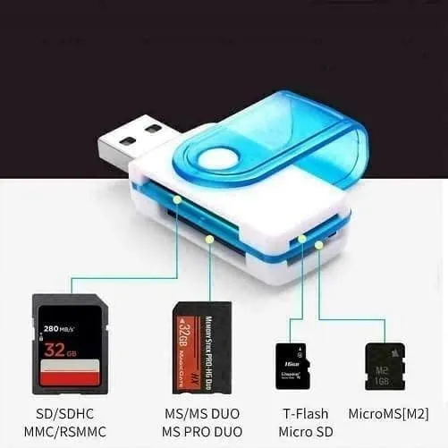 محول قارئ بطاقات متعددة 4 في 1، منفذ USB 2.0 لبطاقات الذاكرة مايكرو وترانس فلاش وبطاقة الوسائط المتعددة وذاكرة ستيك وذاكرة ستيك مايكرو