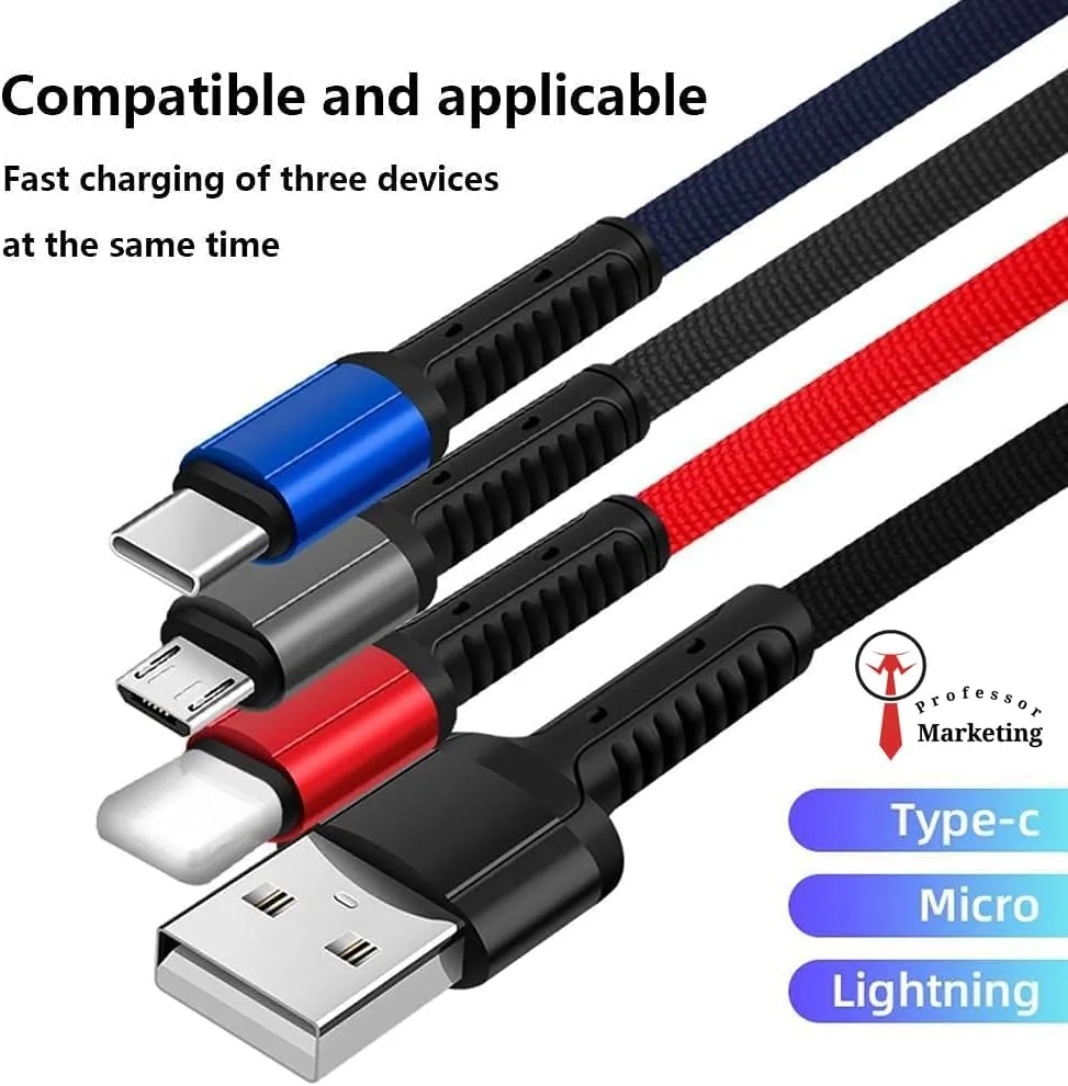 كابل شحن سريع متعدد 3 في 1 من النايلون المضفر USB الاستخدامات بوصلة لايتنينج ومايكرو وUSB نوع سي موصل يدعم الشحن السريع