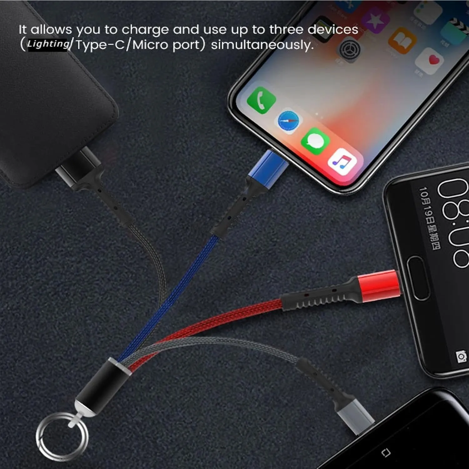 كابل شحن سريع متعدد 3 في 1 من النايلون المضفر USB الاستخدامات بوصلة لايتنينج ومايكرو وUSB نوع سي موصل يدعم الشحن السريع