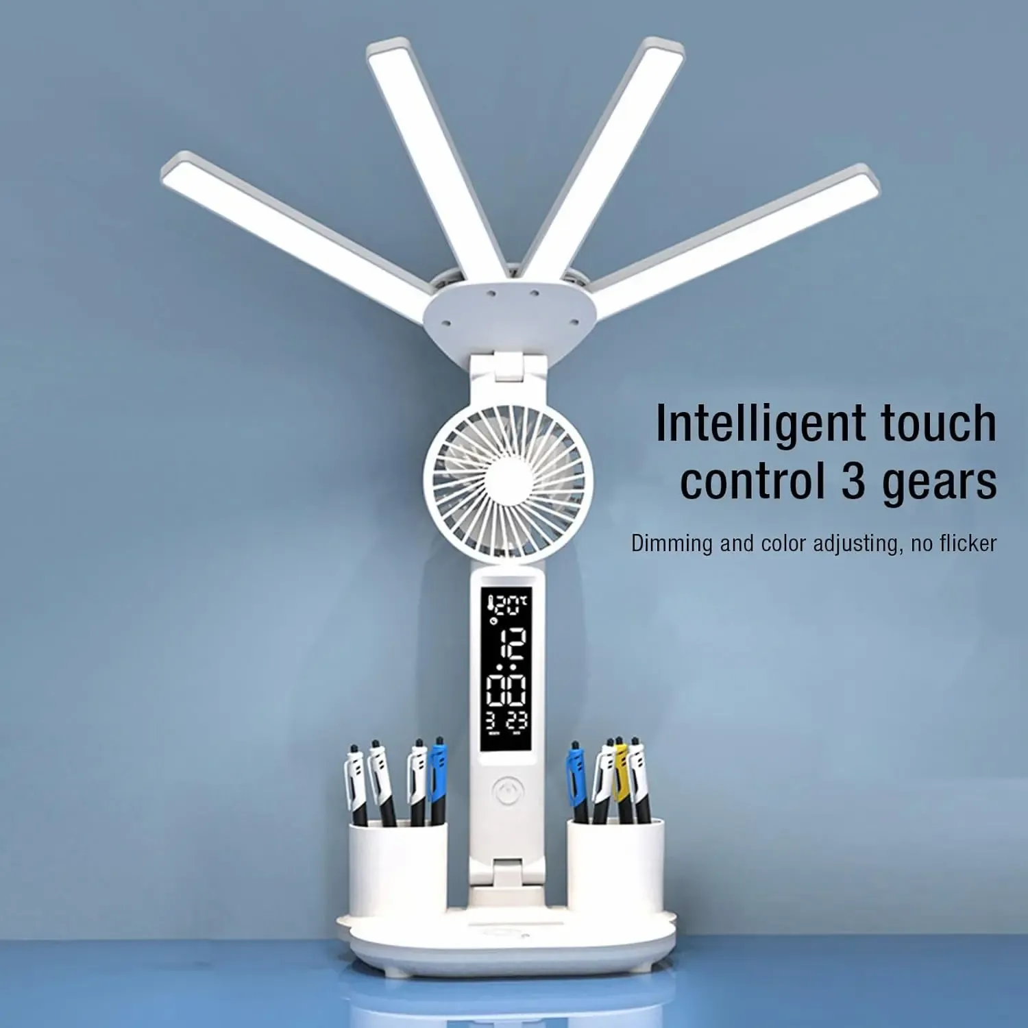 أباجورة مكتب ذكية 4×1 – إضاءة ومروحة وشاشة ديجيتال