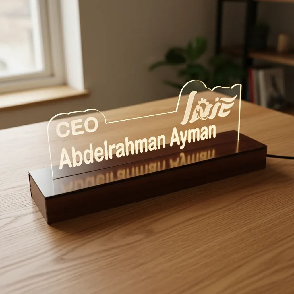 استاند مكتبي مضيء LED – تصميم بالاسم أو اللوجو | MDF وأكريليك