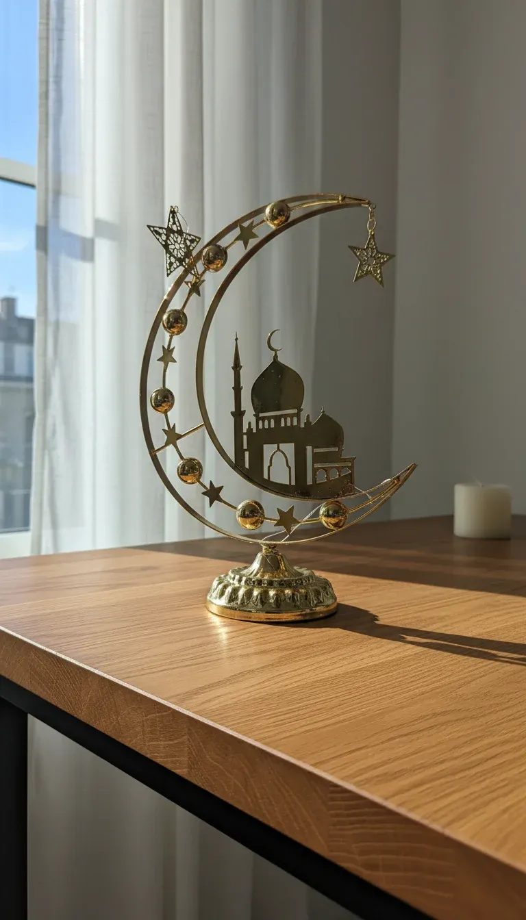 ديكور رمضان هلال وجامع كبير – مجسم معدني ذهبي لتزيين الطاولات والرفوف