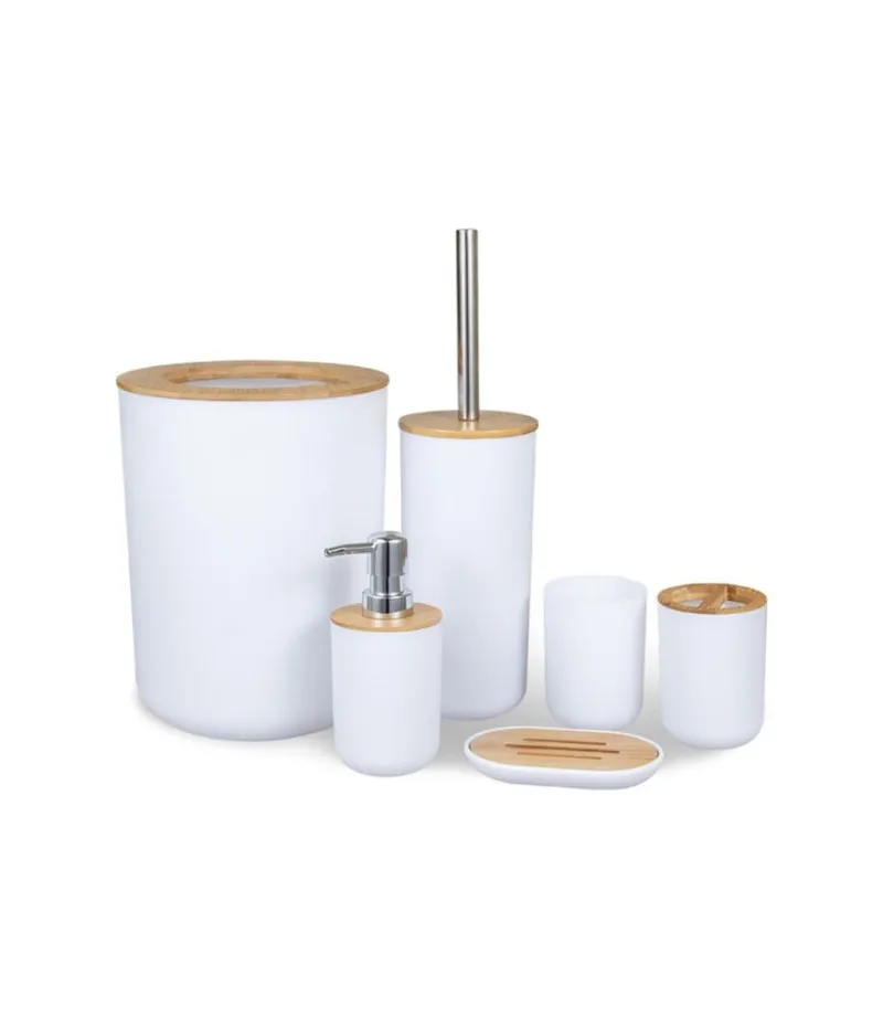 طقم إكسسوارات حمام 6 قطع بتصميم عصري أبيض مع لمسة خشبية