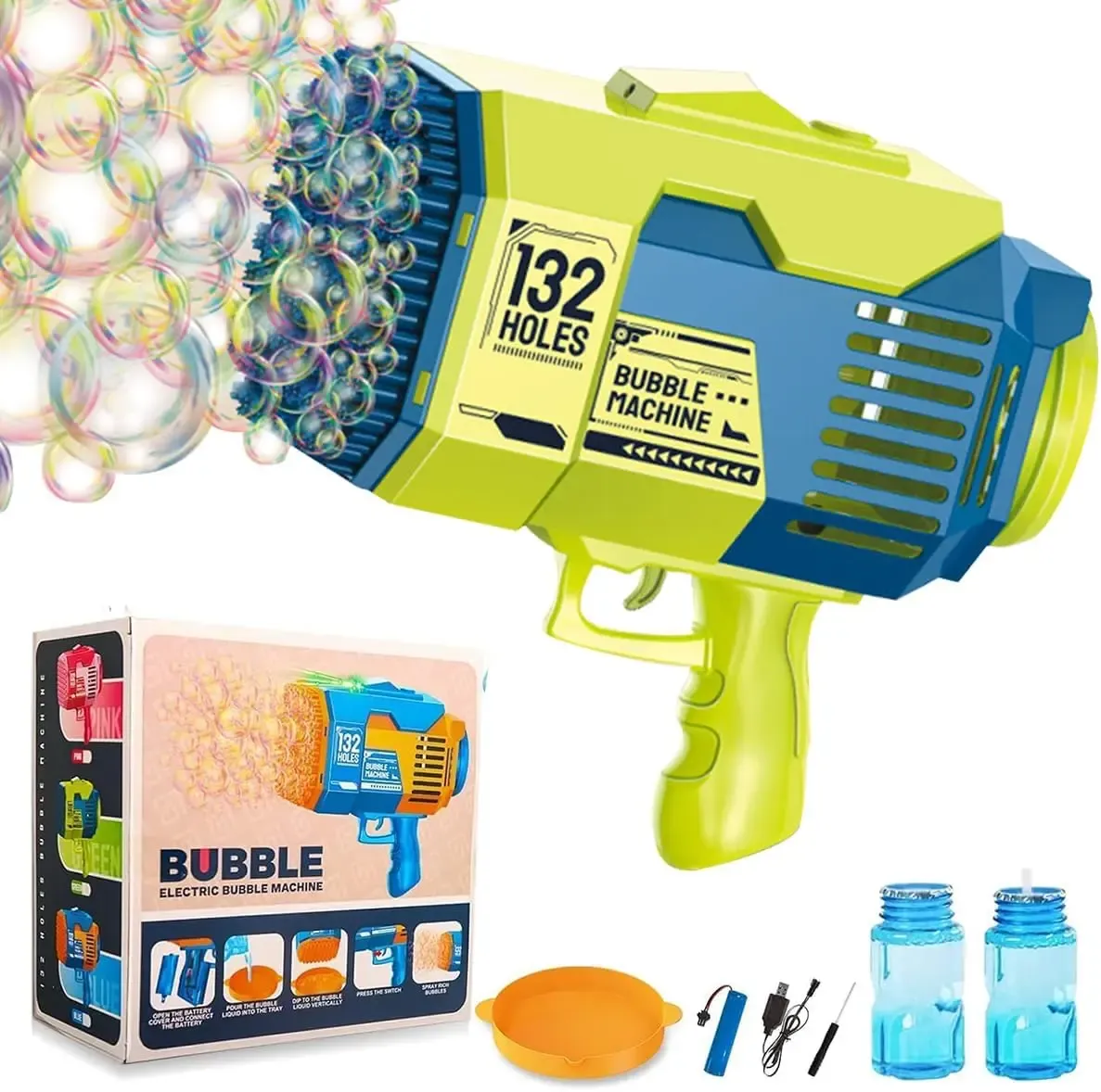 بازوكا بابلز 132 مخرج للأطفال | ماكينة فقاعات كهربائية LED للحفلات