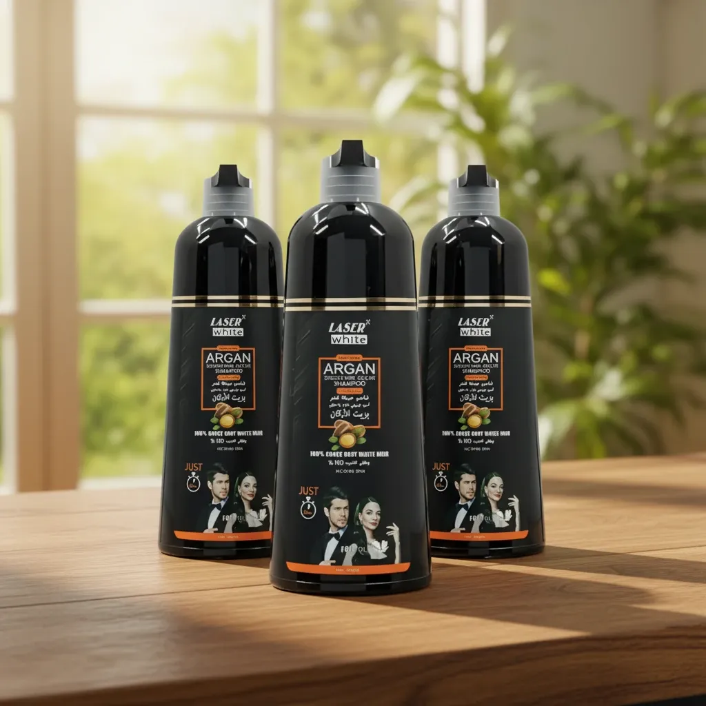 عرض 3 قطع شامبو وبلسم صبغ الشعر الأسود بزيت الأرجان