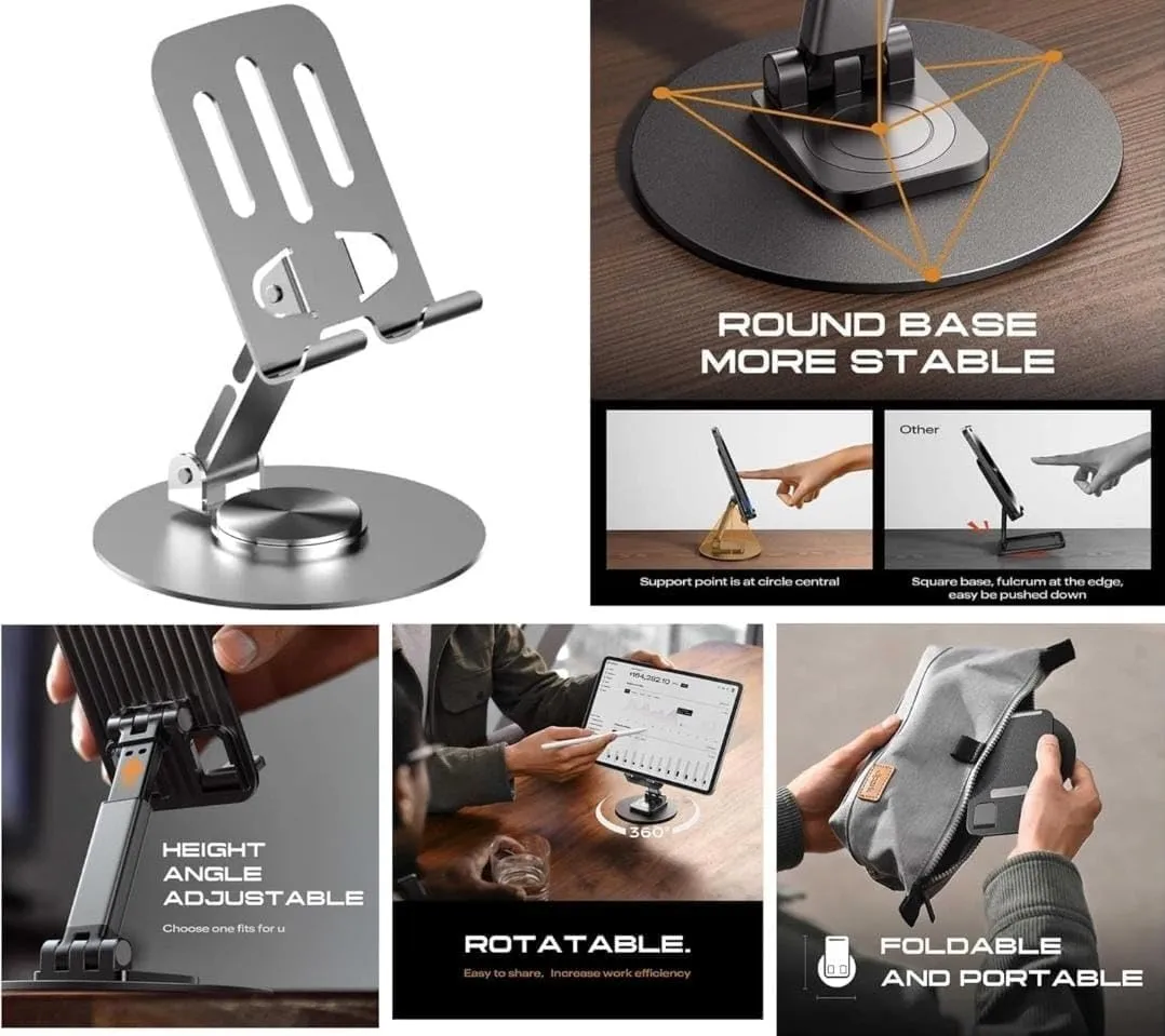 حامل موبايل وتابلت متين معدني من الألومنيوم - تصميم قابل للطي - دوران 360 درجة - ارتفاع وزوايا متعددة - متعدد الاستخدامات