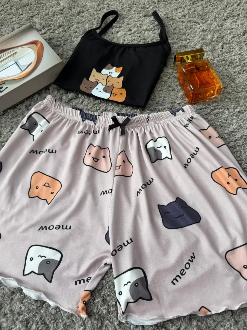 طقم هوت شورت وكت حريمي Blise موديل Meow قطن صيفي